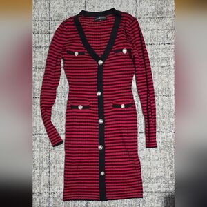 Red and Black Striped Cardigan Dress